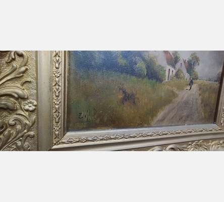 Peinture à l'huile sur toile antique rustique dans un cadre en bois.