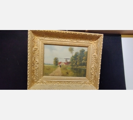 Peinture à l'huile sur toile antique rustique dans un cadre en bois.toile abimée