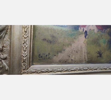 Peinture à l'huile sur toile antique rustique dans un cadre en bois.toile abimée
