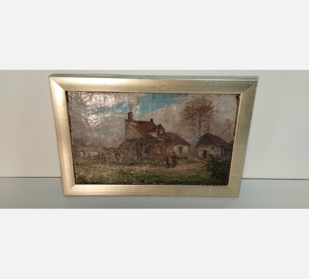 Peinture ancienne de personnages devant leur ferme