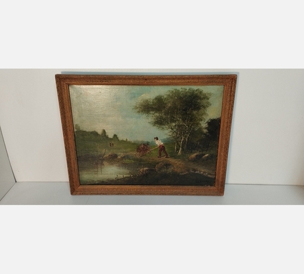 Peinture ancienne d'un homme poussant sa brouette à la campagne