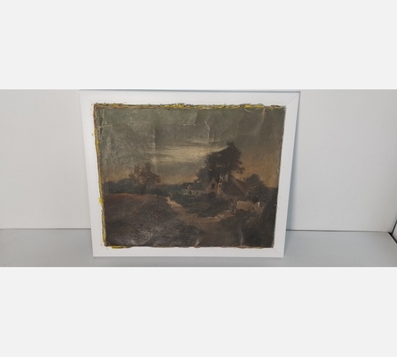 Peinture ancienne d'un paysage de campagne dans cadre blanc