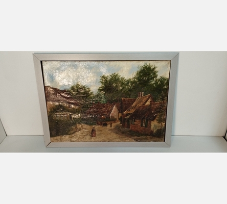 Peinture ancienne d'un village à la campagne