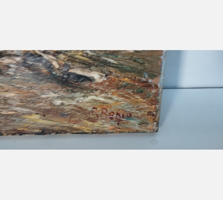 Peinture au couteau d'une cahute, signée