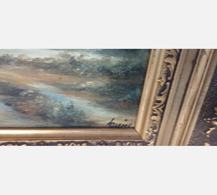 Peinture chaumière au bord du chemin dans joli cadre.