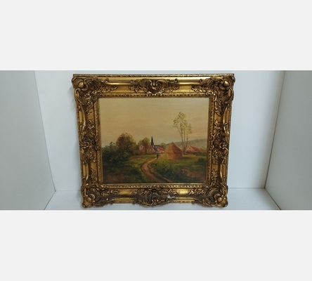 Peinture Chemin à la campagne signée Léonard dans un très beau cadre doré