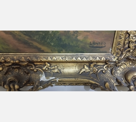 Peinture Chemin à la campagne signée Léonard dans un très beau cadre doré