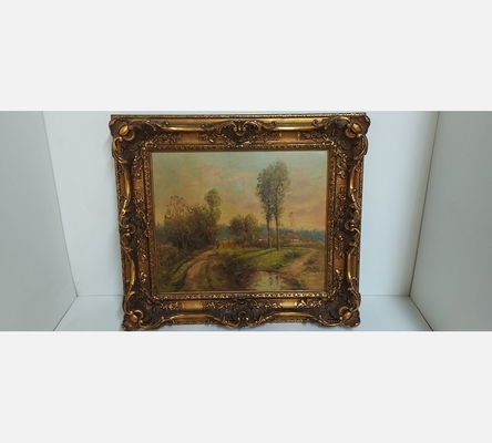 Peinture Chemin à la campagne signée Léonard dans un très beau cadre doré
