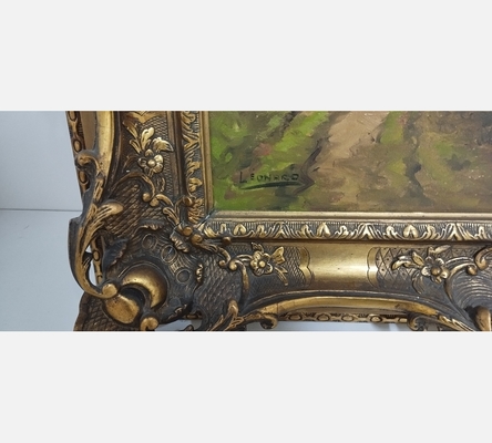 Peinture Chemin à la campagne signée Léonard dans un très beau cadre doré