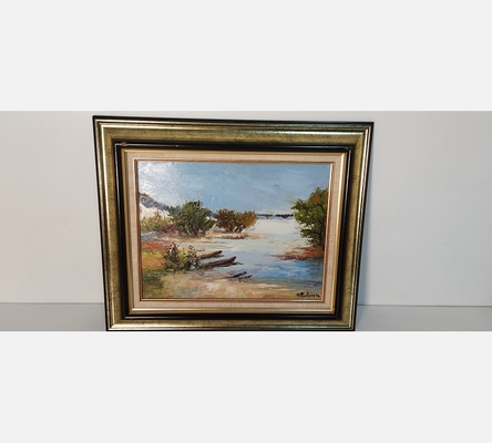 Peinture dans joli cadre de bords de Loire signée Poulain.