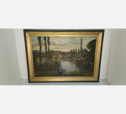 Peinture de barque sur un bord de rivière signée Meunier en 1927