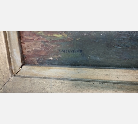 Peinture de barque sur un bord de rivière signée Meunier en 1927