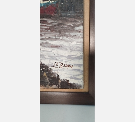 Peinture de bateaux de pêche à quai signée Le Bearn.