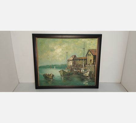 Peinture de bateaux de pêches à quai, signée.