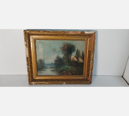 Peinture de maisons au bord de l'eau, signée Salomon