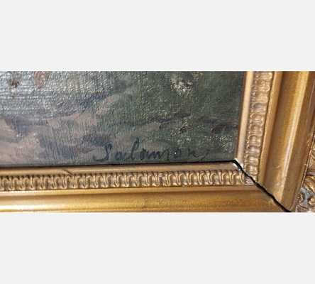 Peinture de maisons au bord de l'eau, signée Salomon