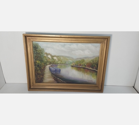 Peinture de péniches amarées signée G. Jannot