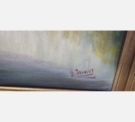 Peinture de péniches amarées signée G. Jannot