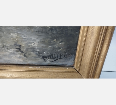 Peinture de personnages sur un chemin au bord de la rivière, signée Philippi