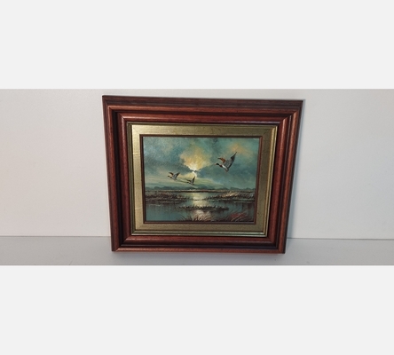 Peinture d'envolée de canards sur un étang, signée.