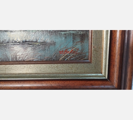 Peinture d'envolée de canards sur un étang, signée.