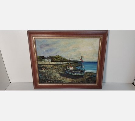 Peinture d'un bateau de pêche à marée basse, signée Anline
