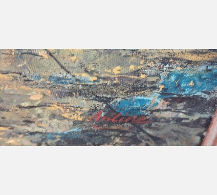 Peinture d'un bateau de pêche à marée basse, signée Anline