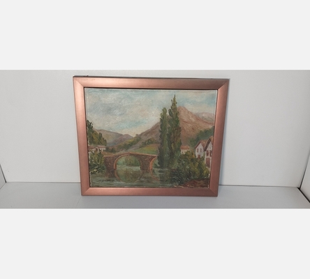 Peinture d'un pont sur l'eau devant une coline, signée C. Bonnet