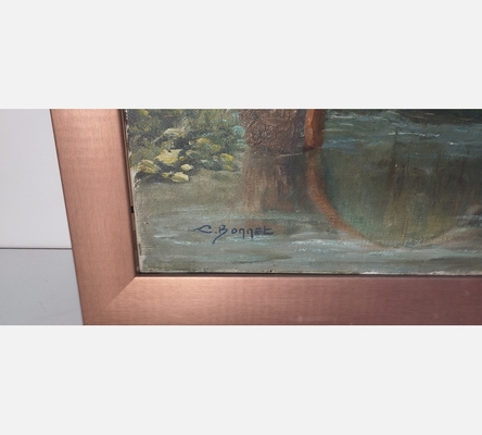 Peinture d'un pont sur l'eau devant une coline, signée C. Bonnet