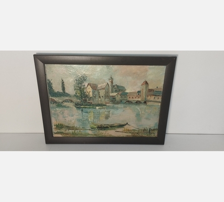 Peinture d'un village au bord de l'eau