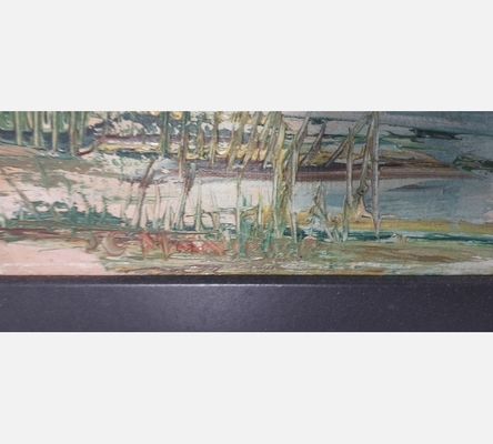 Peinture d'un village au bord de l'eau