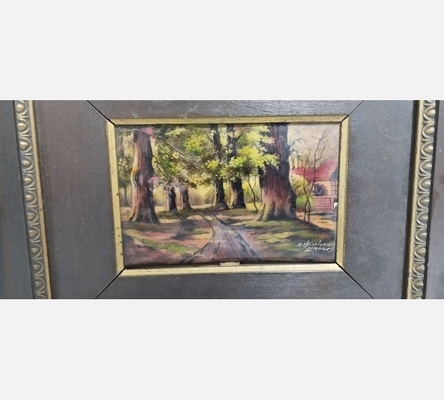 Peinture émaillée représentant un chemin en sous bois. Signé Jules Sarlandi