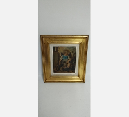 Peinture 'L'enfant dormant au chat voleur de pain' selon Léon Bazille Perrault.