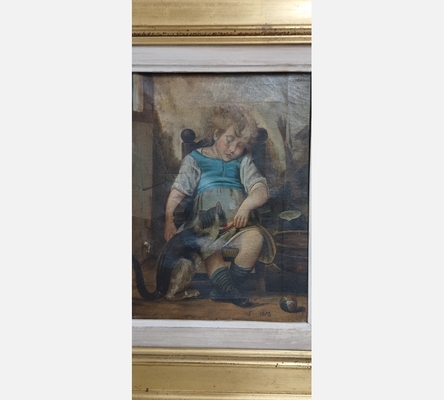 Peinture 'L'enfant dormant au chat voleur de pain' selon Léon Bazille Perrault.