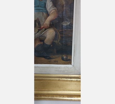 Peinture 'L'enfant dormant au chat voleur de pain' selon Léon Bazille Perrault.