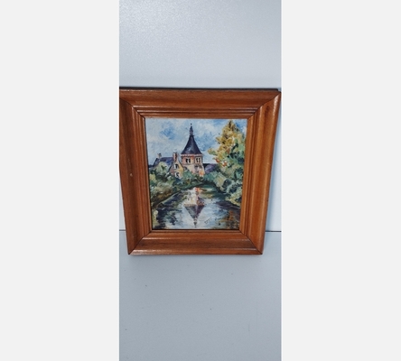 Peinture Maison à la tourelle au bord de l'eau, signée Evelyne