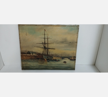 Peinture marine ancienne à restaurer signée J. Vervieux