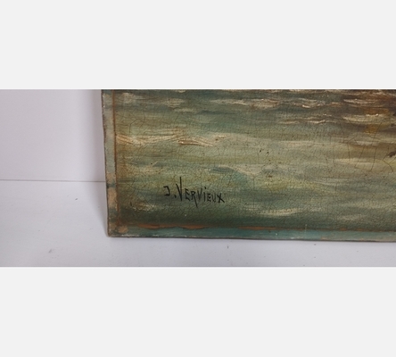 Peinture marine ancienne à restaurer signée J. Vervieux