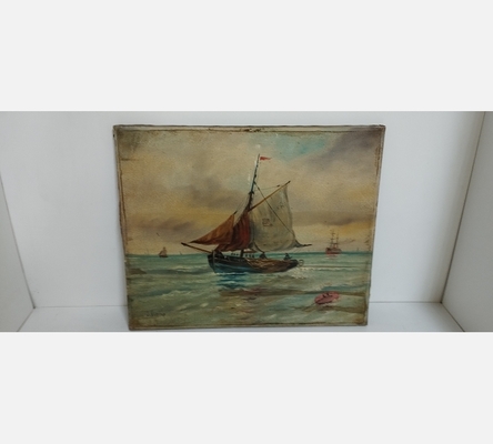 Peinture marine ancienne à restaurer signée J. Vervieux
