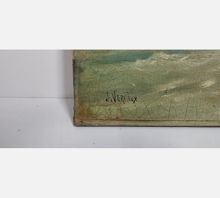 Peinture marine ancienne à restaurer signée J. Vervieux
