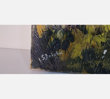 Peinture sans cadre d'un chemin dans la garrigue signée S. Bolchet