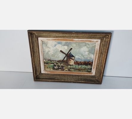 Peinture sur bois, bretonnes devant un moulin signée Vandaele