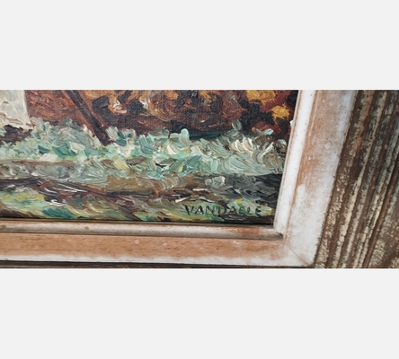 Peinture sur bois, bretonnes devant un moulin signée Vandaele