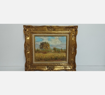 Peinture sur bois 'Champs de blé à Thourotte' signée G. Mordo