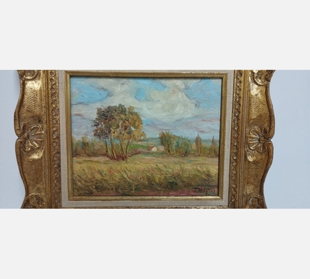 Peinture sur bois 'Champs de blé à Thourotte' signée G. Mordo