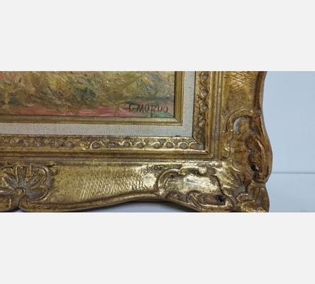 Peinture sur bois 'Champs de blé à Thourotte' signée G. Mordo