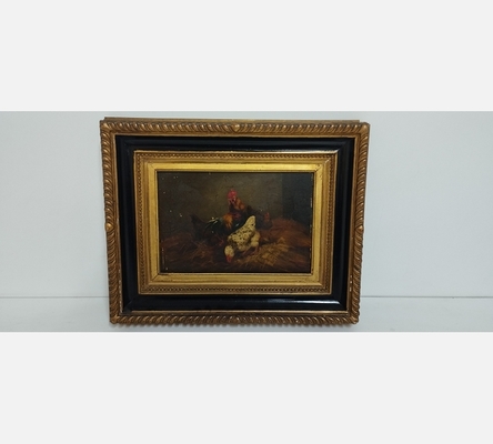 Peinture sur bois 'Coq et poules' signée Claude Guilleminet