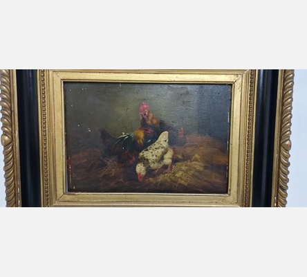 Peinture sur bois 'Coq et poules' signée Claude Guilleminet