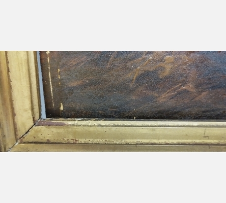 Peinture sur bois 'Coq et poules' signée Claude Guilleminet