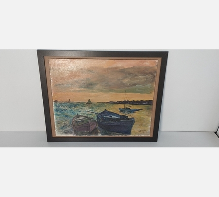 Peinture sur bois de 2 barques de pêcheurs, signées Grosjean